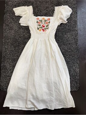 White Girls' Embroidered Smocked Midi Dress - Floral Detail